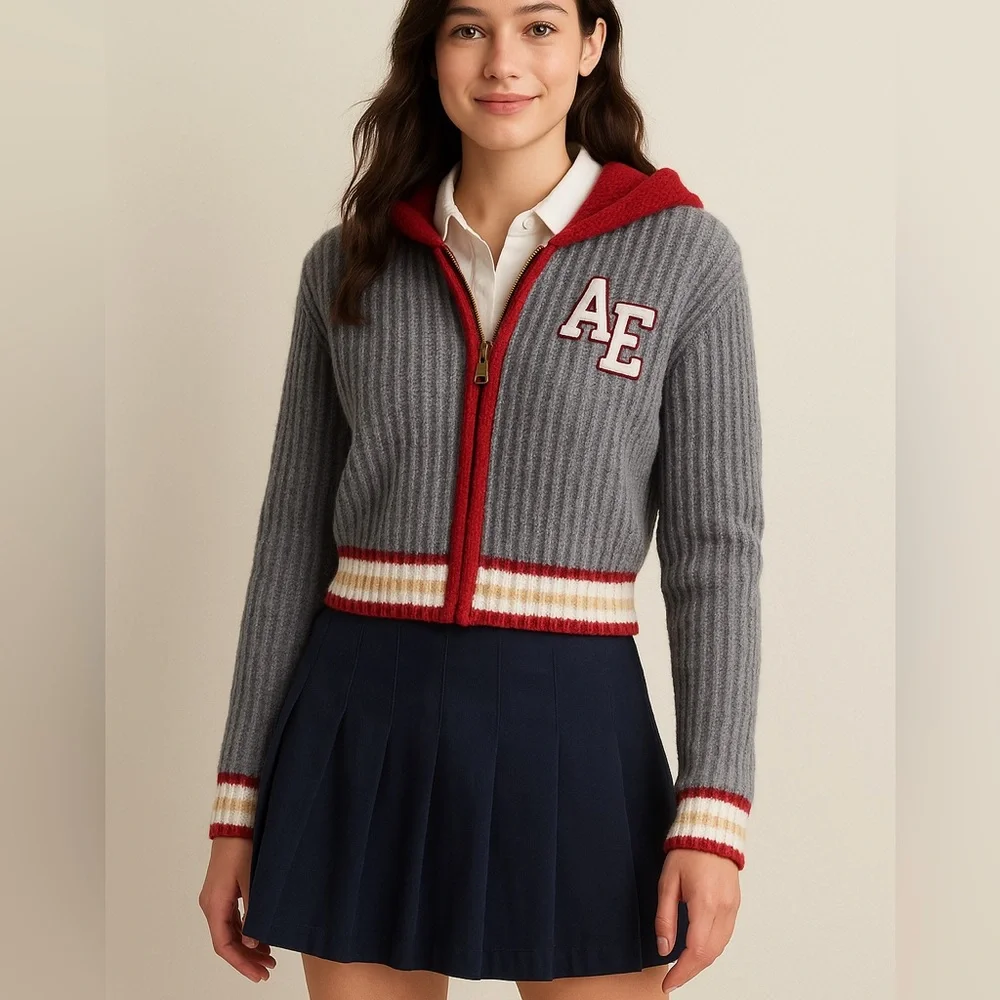 American Eagle Zip Up Knit Sweater Hoodie Gray Red Varsity AE Letter Patch Small